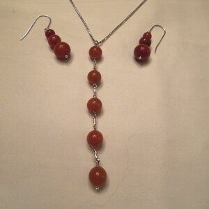 Red Jade Y-Drop Necklace and Pierced Dangle Earrings